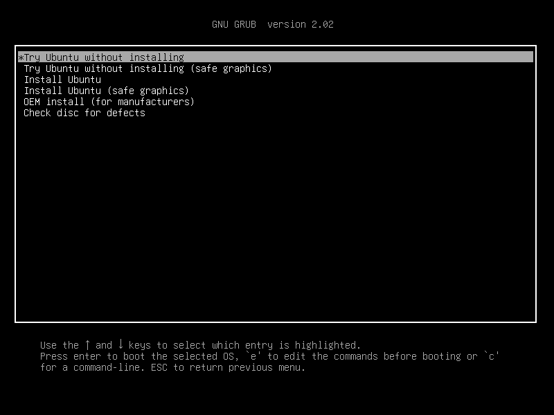 GRUB Boot-loader main menu